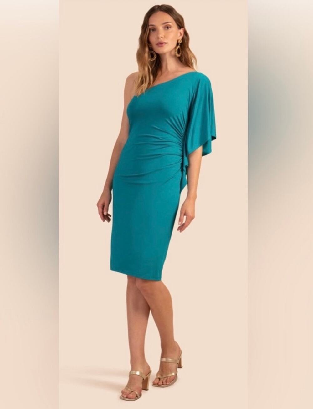 Trina Turk Ratio Dress XS Teal One Shoulder Ruched Midi $288 NWT
